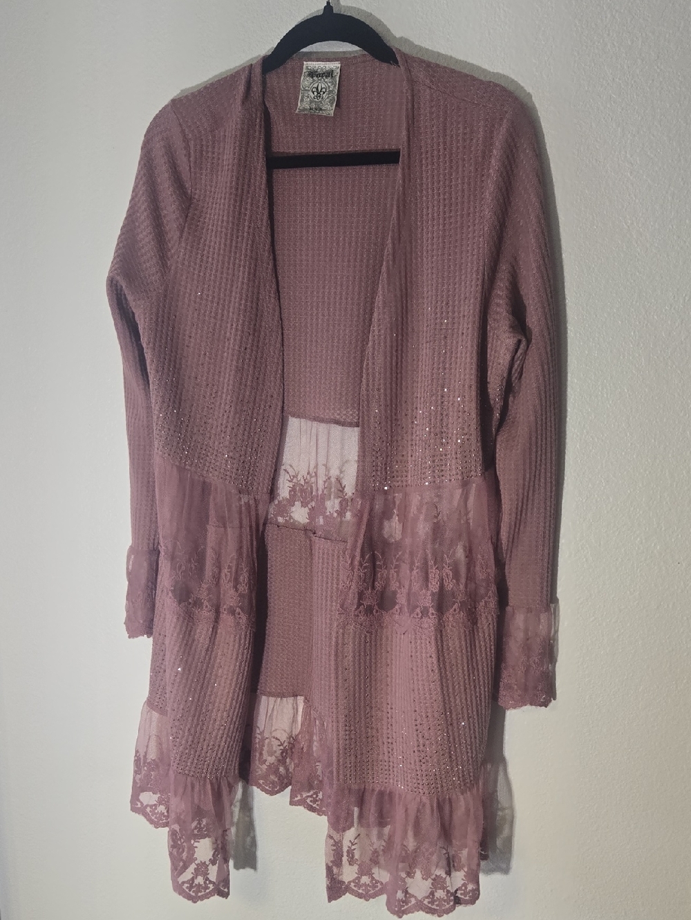Vocal Mauve Waffle Knit Cardigan with Lace Trim